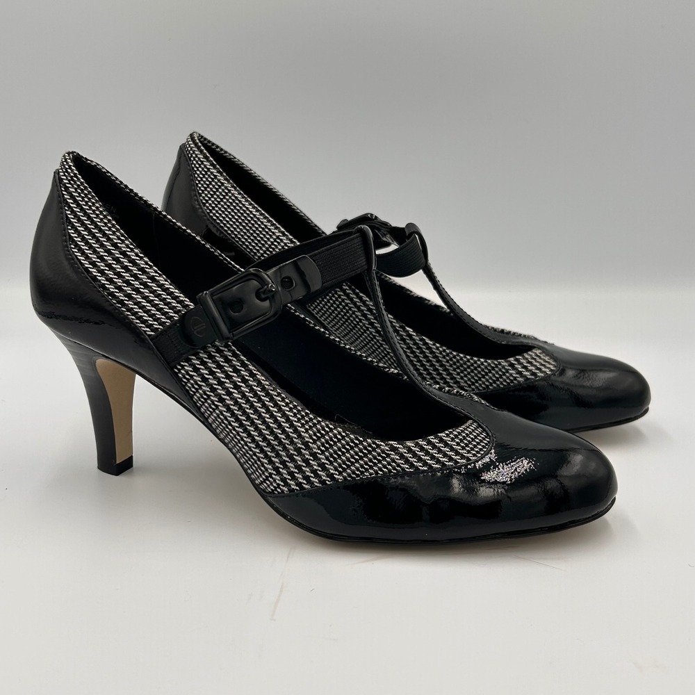 Circa Joan David Black Patent Houndstooth T Strap Heels Pumps Womens 7.5M